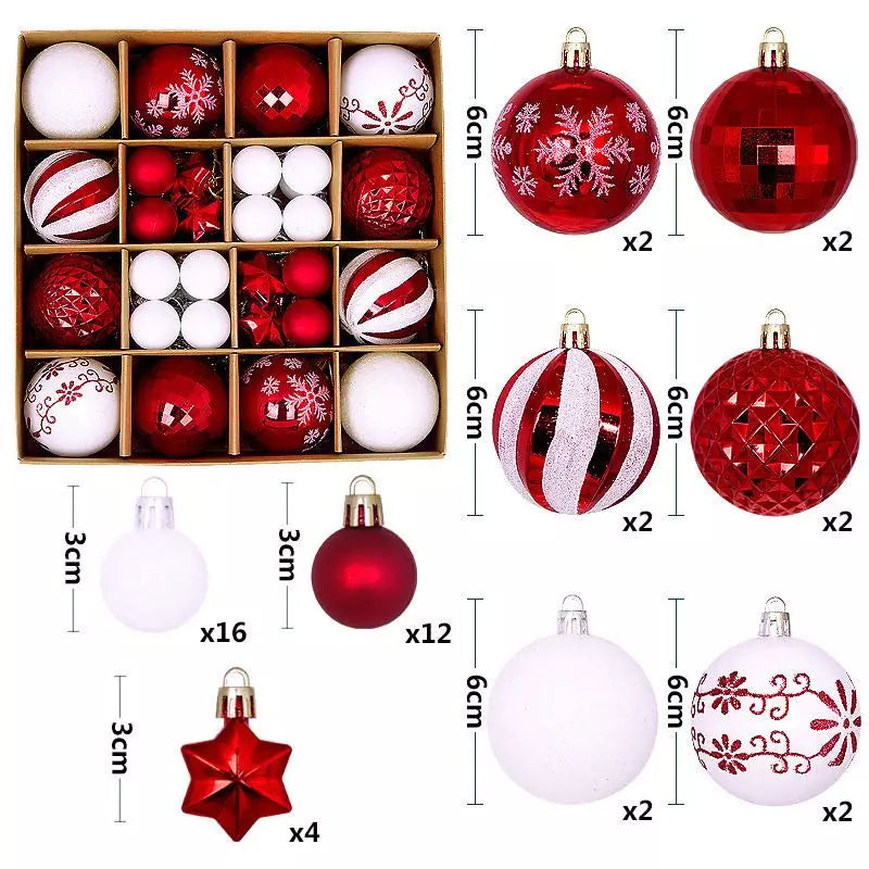 Set di palline di Natale in plastica, 44 pezzi, 3-6 cm, decorazioni per albero di Natale con gancio, infrangibili, decorazioni per albero di Natale, colore bianco e rosso