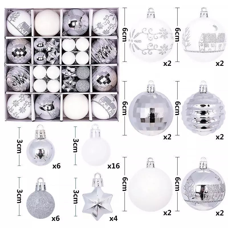 Set di palline di Natale in plastica, 44 pezzi, 3-6 cm, decorazioni per albero di Natale con gancio, infrangibili, decorazioni per albero di Natale, colore bianco e argento