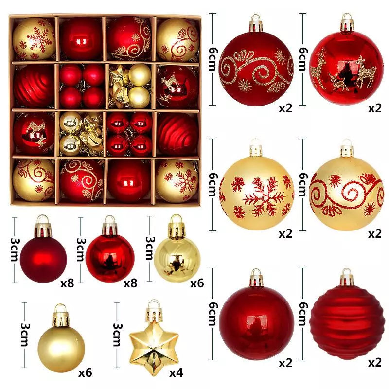 Set di palline di Natale in plastica, 44 pezzi, 3-6 cm, decorazioni per albero di Natale con gancio, infrangibili, decorazioni per albero di Natale, colore oro e rosso