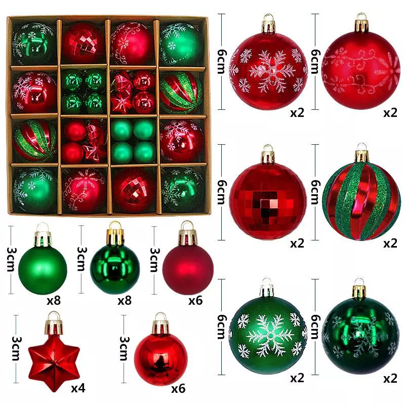 Set di palline di Natale in plastica, 44 pezzi, 3-6 cm, decorazioni per albero di Natale con gancio, infrangibili, decorazioni per albero di Natale, colore rosso e verde