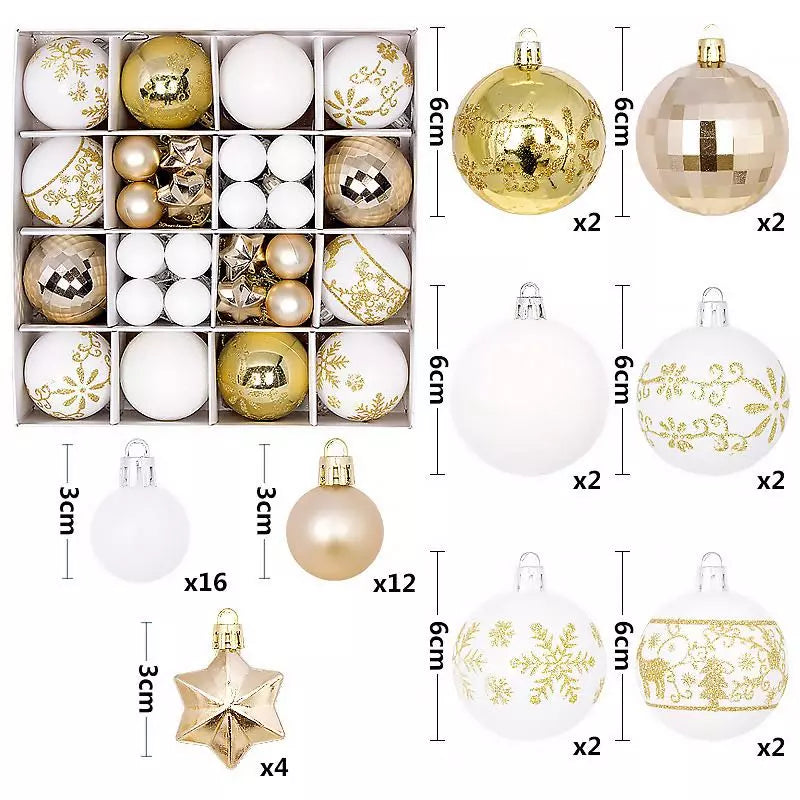 Set di palline di Natale in plastica, 44 pezzi, 3-6 cm, decorazioni per albero di Natale con gancio, infrangibili, decorazioni per albero di Natale, colore oro e bianco